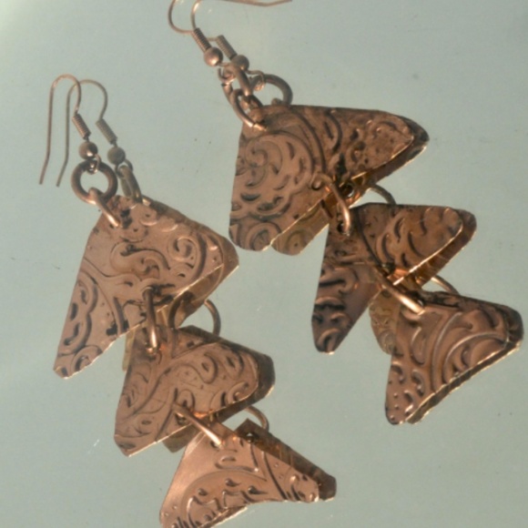 Triangle Geometric Copper Earrings Fish Scales Pattern Handmade Boho Gift Rustic - Picture 3 of 8